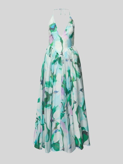 Produktfoto, Midikleid aus Lyocell-Mix Modell 'ARLETHA' von Bardot, taillierter Schnitt, Allover-Look, rückseitige Schnürung, florale Muster in Grün, Blau und Weiß, Rückenlänge bei Größe 36: 107 cm, Brustweite: 30 cm.