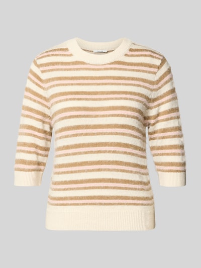 Produktfoto, Strickpullover mit gerippten Abschlüssen von Opus aus Baumwoll-Mix, Slim-Fit, cremefarben mit sandfarbenen Streifen, Rundhalsausschnitt, 1/2-Ärmel.