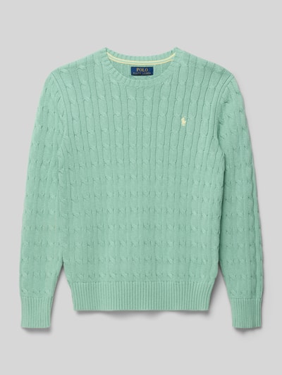 Produktfoto, Regular Fit Pullover aus reiner Baumwolle von Polo Ralph Lauren Teens, zielony, krój regular fit, dzianina o splocie warkoczowym, logo, okrągły dekolt, długie rękawy, wykończenia prążkowane