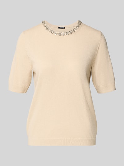 Produktfoto, Regular Fit T-shirt met viscose-kasjmiermix Model 'Krissi' van JOOP!, met siersteentjes, halflange mouwen, ronde hals, tricotlook, elastische boorden, damesmodel, kleur lichtbeige.