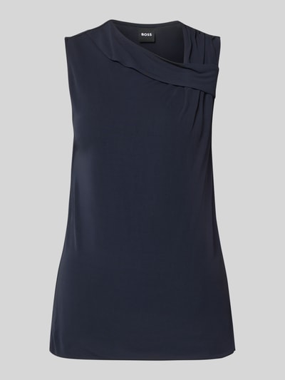 Produktfoto, donkerblauw slim fit top met zachte textuur, asymmetrisch geplooid detail, Slim Fit Top aus reiner Viskose model 'Epuete' van BOSS, Dames top