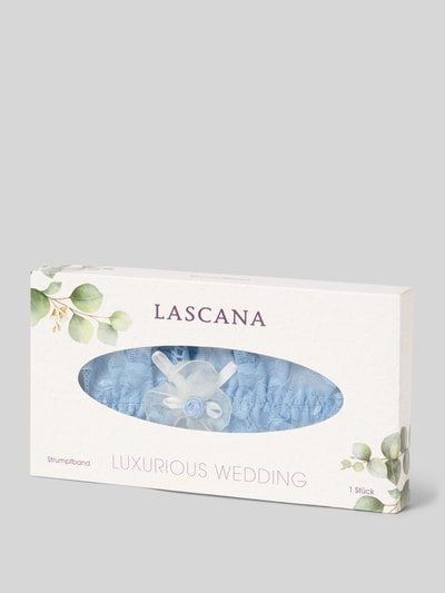 Produktfoto, Strumpfband aus Spitze von LASCANA in Blau mit Kontrastfarbener Tüll-Schleife und Rosen-Detail, Must-have für Braut Hochzeitsmode
