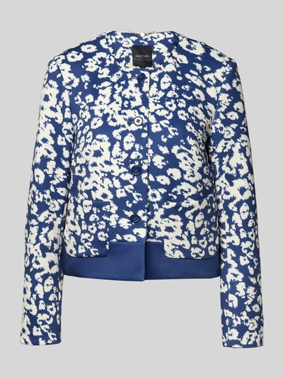 Produktfoto, Regular Fit Blazer mit floralem Allover-Print von Marc Cain aus elastischem Baumwoll-Mix in Blau-Weiß, Rundhalsausschnitt, durchgängige Knopfleiste, Rückenlänge 51 cm, Brustweite 42 cm, Ärmellänge 60 cm bei Größe 36.