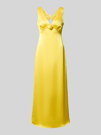 Produktfoto, Schmales Abendkleid mit Rosen-Applikation Modell 'GIANNA' von Vero Moda, Optik: Unifarben in Gelb, Satin, Maxi-Länge, Tiefer-Ausschnitt