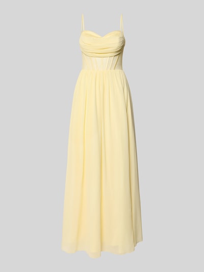 Produktfoto, Corsagenkleid mit Spitze von Mascara aus gelbem Chiffon, taillierter Schnitt, Maxilänge, detailreiche Textur
