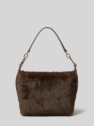 Produktfoto, Hobo Bag aus Kunstfell von FURLA in Braun mit verstellbarem Schulterriemen, abnehmbarem Tragehenkel, rechteckige Form, sichtbare Fellstruktur, Hauptfach mit Reißverschluss, Größe etwa 24x21x10 cm, Länge Schulterriemen ca. 90 cm
