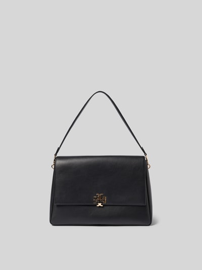 Produktfoto, Shoulder Bag mit Logo-Detail von Tory Burch in Schwarz, Hauptfach mit Überschlag, abnehmbarer Schulterriemen, Magnetverschluss, Innenfach mit Reißverschluss, Maße 33 cm Breite, 23 cm Länge, 13 cm Tiefe