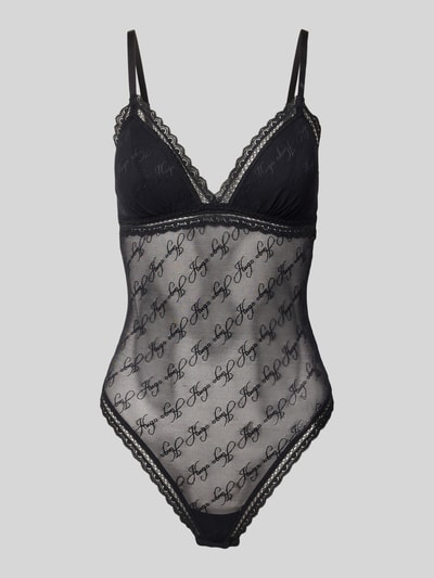 Produktfoto, schwarzer Skinny Fit Body mit Allover-Muster Modell 'LACY BODYSUIT' von HUGO für Damen, feine Spitze und transparente Textur