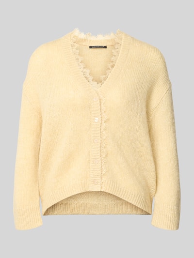 Produktfoto, Strickjacke mit V-Ausschnitt und Spitzenbesatz von Luisa Cerano, mieszanka materiałów z domieszką wełny z alpaki, krój relaxed fit, dekolt w serek, obszycie koronką, listwa guzikowa, długość tyłu w rozmiarze 36: 59 cm, długość rękawów w rozmiarze 36: 44 cm, jasny żółty, prążkowana faktura