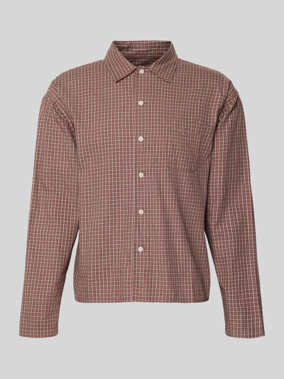 Produktfoto, Regular Fit Freizeithemd mit Kentkragen von JACK & JONES, model 'AUSTIN', bawełna ekologiczna, krój regular fit, listwa guzikowa, brustasza, kolor brązowy z kratką, długość tyłu w rozmiarze M: 67 cm, szerokość ramion w rozmiarze M: 56 cm, długość rękawów w rozmiarze M: 60 cm