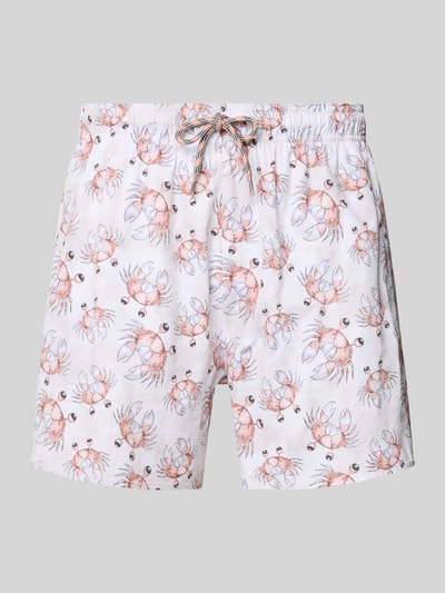 Produktfoto, Badehose im Allover-Look von Emporio Armani, weißer Stoff mit rosa und braunem Krebs-Muster, elastischer Bund, Tunnelzug, Regular Fit