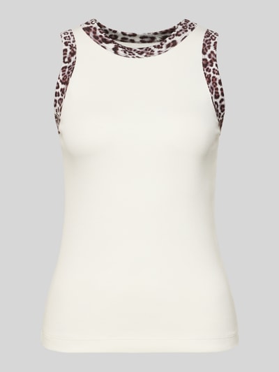 Produktfoto, Tanktop z prążkowanymi wykończeniami od Marc Cain, mieszanka bawełny i elastanu, krój slim fit, okrągły dekolt, długość tyłu 52 cm w rozmiarze 36, kremowe i brązowe wzory, gładka faktura.