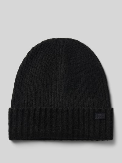 Produktfoto, schwarze Mütze aus elastischem Material-Mix Modell 'CRUSH' von JACK & JONES mit breiter Krempe und Label-Detail.