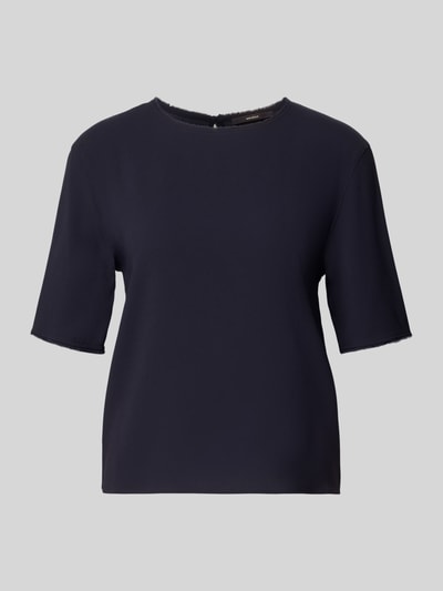 Produktfoto, Regular Fit T-Shirt mit Rundhalsausschnitt von Windsor in dunklem Farbton, Halbarm, Fransenbesatz, glatte Textur, Rückenlänge 55 cm, Ärmellänge 28 cm bei Größe 36.