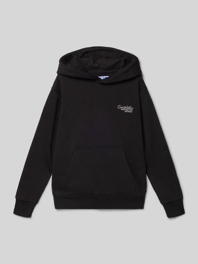 Produktfoto, zwarte hoodie met capuchon, katoenmix, losse pasvorm, labelprint, kangoeroezak, geribde boorden, Hoodie met Kapuze Modell 'ROAR' van Jack & Jones