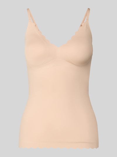 Produktfoto, Unterhemd mit Wellensaum und herausnehmbaren Pads von Skiny, beigefarbener Material-Mix mit Stretch-Anteil, Körpernahe Passform, Modell 'Camisole', verstellbare Träger, glatte Textur