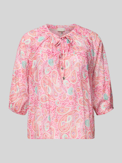 Produktfoto, Regular Fit Bluse mit 3/4-Arm von Milano Italy in Rosa mit Allover-Paisleymuster, reine Baumwolle, Rundhalsausschnitt, Schnürung