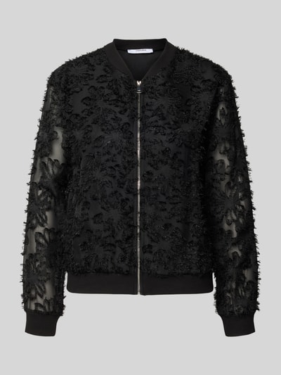 Produktfoto, semitransparenter schwarzer Blouson Modell 'Pi44nioa' von ZABAIONE mit floralem Muster, Reißverschluss, schmaler Passform
