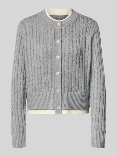Produktfoto, Regular Fit Cardigan mit Woll-Anteil in Strick-Optik von MYON, grau meliert mit Rundhalsausschnitt, Knopfleiste, Materialmix, strukturierte Oberfläche