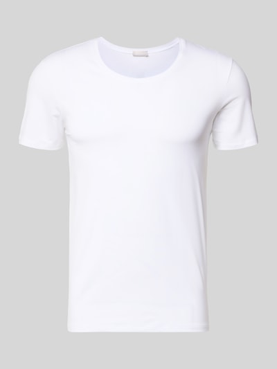 Produktfoto, T-Shirt mit geripptem Rundhalsausschnitt von Hanro, weiß, glatte Textur, Herren T-Shirt, Baumwoll-Elasthan-Mix, Slim Fit