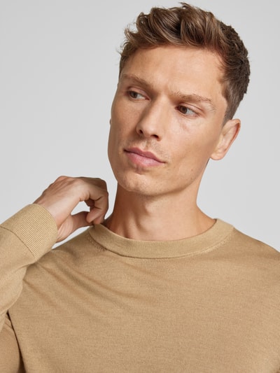 SELECTED HOMME Sweter z dzianiny z prążkowanymi wykończeniami model ‘TRAY’ Camel 3