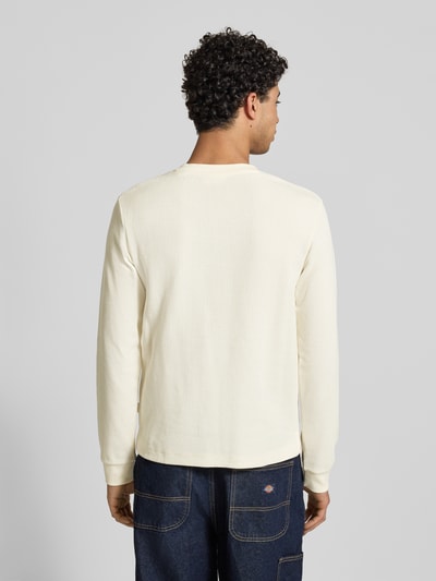 Männermodel trägt Regular Fit Longsleeve in Strick-Optik Modell 'Niagara' von JACK & JONES, cremefarben, aus Baumwoll-Mix, Ganzkörperansicht Rückansicht.
