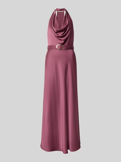 Produktfoto, Abendkleid mit Neckholder von Rinascimento in dunklem Mauve, Stoffgürtel, taillierte Passform, glatte Textur, Maxikleid, Material-Mix mit Stretch-Anteil, Rückenlänge 150 cm, Brustweite 43 cm