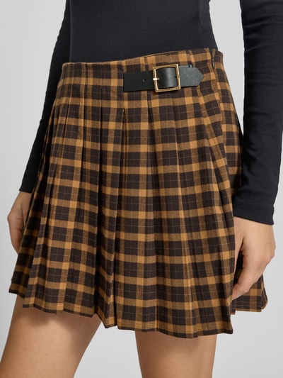 Only Uitlopende minirok met plooien aan één kant, model 'CAT' Camel - 3