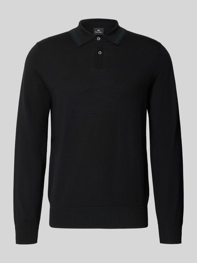 Produktfoto, Regular Fit Poloshirt in Strick-Optik von Paul Smith aus reiner Wolle in Schwarz, langärmlig, Polokragen, feine Struktur