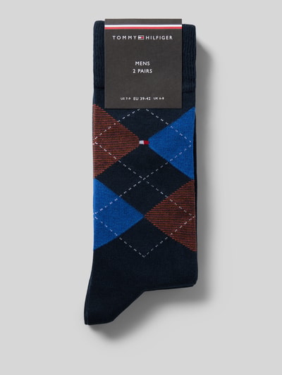 Produktfoto, skarpety z mieszanki bawełny zestaw 2 szt. model 'CHECK 2P' od Tommy Hilfiger, męskie, wzór rombów w brązie i błękicie