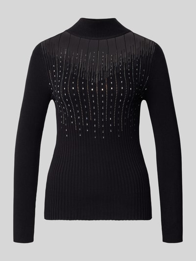 Produktfoto, Slim Fit Longsleeve aus Viskose-Mix von Apricot in Schwarz mit Stehkragen, Ziersteinbesatz, feine Rippstruktur.