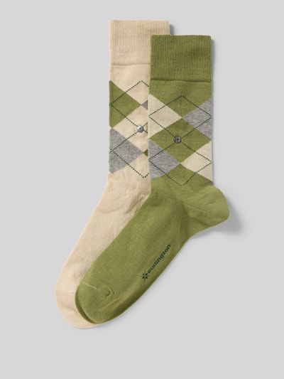 Produktfoto, Socken mit Label-Detail Modell 'Everyday' von Burlington aus elastischem Baumwoll-Mix, grüne und beige Farbtöne, Rautenmuster, elastische Bündchen, 2er-Pack.