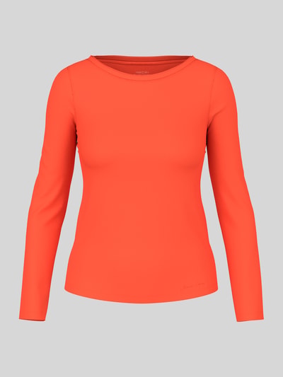 Produktfoto, Slim Fit Langarmshirt aus katoenmix van Marc Cain in feloranje, boothals, geborduurd logo, dames shirt met lange mouwen, ruglengte maat 36 58 cm