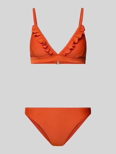 Produktfoto, orangefarbenes Bikini-Set mit Rüschen Modell 'Beau' von Shiwi, Material-Mix mit Stretch-Anteil, körpernahe Passform