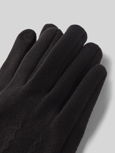 Produktfoto, Handschuhe aus elastischem Material-Mix von EEM, schwarze Farbe, weiche Textur, Zier-Applikationen, eingefasste Abschlüsse