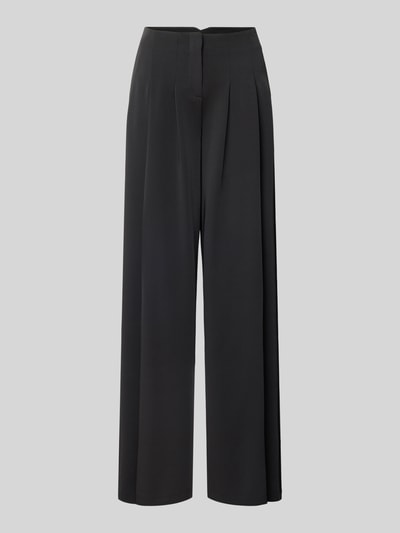Produktfoto, Stoffhose mit weitem Bein und gelegten Falten von Jake*s Cocktail, schwarzer Material-Mix mit Stretch-Anteil, Gesäßtasche, Bundweite 38 cm, Innenbeinlänge 85 cm, Damen Stoffhose
