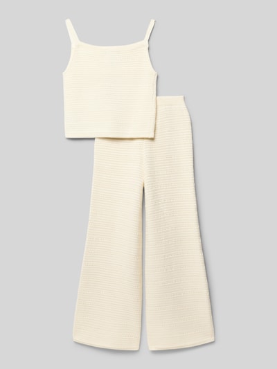 Produktfoto, Regular Fit Häkel-Top und Hose aus reiner Baumwolle im Set von Polo Ralph Lauren Teens, cremefarben, unifarben, Wide Leg, Logo-Stitching, gehäkelte Textur, elastischer Bund, seitliche Eingrifftaschen, Karree-Ausschnitt.