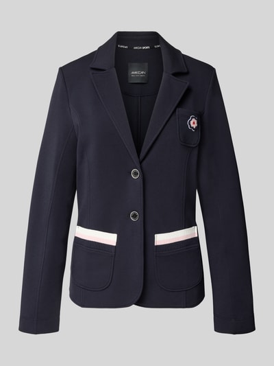 Productfoto, Regular Fit Blazer mit Reverskraag van Marc Cain in donkerblauw met knoopsluiting, borstzak met bloemapplicatie, opgestikte zakken, katoenmix met stretch, 59 cm ruglengte, 47 cm borstwijdte, 63 cm mouwlengte