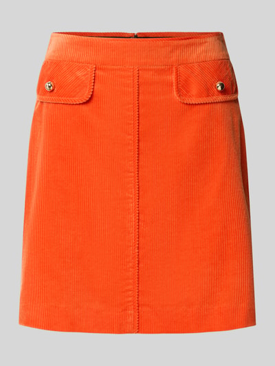 Produktfoto, Minirok uit corduroy met klepzakken van Marc Cain, puur katoen, recht model, ritssluiting, bandwijdte maat 36: 37 cm, totale lengte 47 cm, feloranje kleur, fijne ribstructuur
