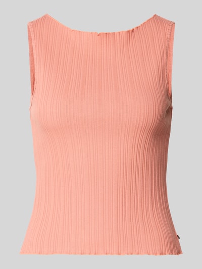 Produktfoto, Stricktop mit Strukturmuster und Rundhalsausschnitt von Scotch & Soda in Rosa, Baumwoll-Elasthan-Mix, Regular Fit, feine Struktur, Vorderansicht.
