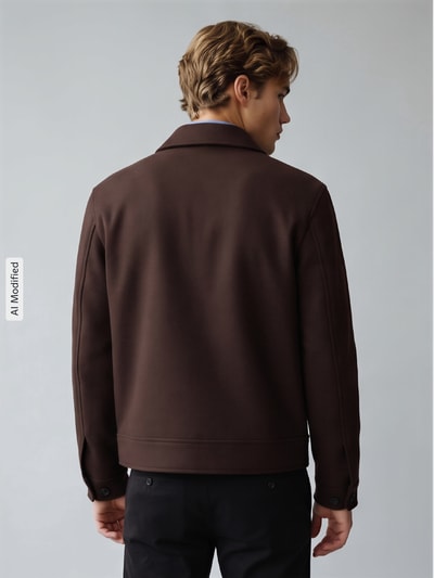 Männermodel trägt Blouson aus Woll-Mix mit Zweiwege Reißverschluss von Selected, unifarben in Braun, Umlegekragen, Ganzkörperansicht Rückansicht, KI-modifiziertes Bild.