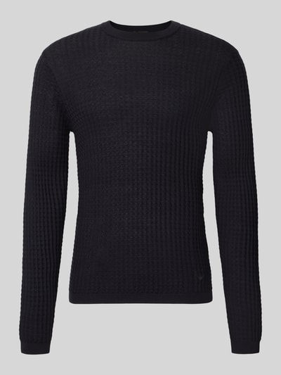 Produktfoto, Strickpullover mit Struktur-Muster von Emporio Armani in dunklem Farbton, Material-Mix mit Woll-Anteil, taillierter Schnitt.