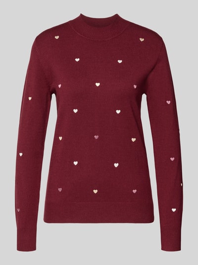 Produktfoto, Strickpullover aus Viskose-Mix mit Stitchings von Apricot, bordeauxrot mit kleinen Herz-Stitchings, Slim Fit, Allover-Look, Rundhalsausschnitt