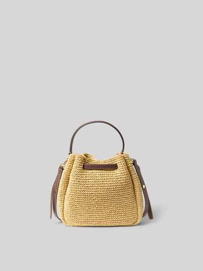 Produktfoto, Bucket Bag aus Bast von Tory Burch, beżowy materiał z wyraźną fakturą, uchwyt i pasek brązowe, Szerokość w rozmiarze 1: 26 cm, długość: 23 cm, głębokość: 11 cm, wewnętrzna kieszeń wsuwana, główna komora ze ściągaczem, rączka krótka i regulowany pasek na ramię