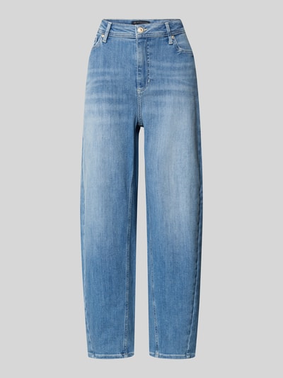 Produktfoto, Jeans in 7/8-Länge im Used-Look Modell 'HANNI' von Raffaello Rossi im Damen Relaxed-Fit aus Baumwoll-Mix mit Stretch-Anteil, Eingrifftaschen, Bundweite 39 cm, Innenbeinlänge 71 cm, blaue Waschung, sichtbare Struktur.