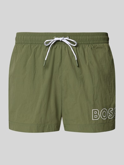 Produktfoto, Regular Fit Badeshorts mit Label Print Modell 'MOONEYE' von BOSS, efekt: jednolity kolor, elastyczny ściągacz z tunelem, wpuszczane kieszenie