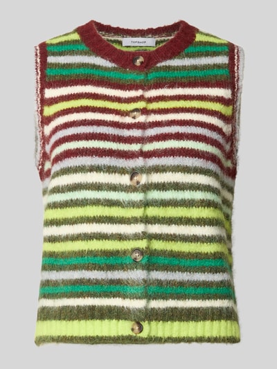 Produktfoto, Strickweste mit Streifenmuster Modell 'CARO' von Topshop im Material-Mix mit Woll-Anteil, Regular-Fit, Rundhalsausschnitt, Knopfleiste, Rückenlänge 51 cm in Größe S, bunte Streifen in Grün, Weiß, Braun und Gelb, weiche und strukturierte Oberfläche.