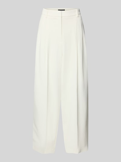 Produktfoto, Wide Fit Stoffhose aus Viskose-Mix mit Bundfalten von Luisa Cerano, Bügelfalten, Gesäßtaschen, Haken-Reißverschluss, cremefarbener Stoff, Innenbeinlänge 67 cm, Bundweite 40 cm bei Größe 36