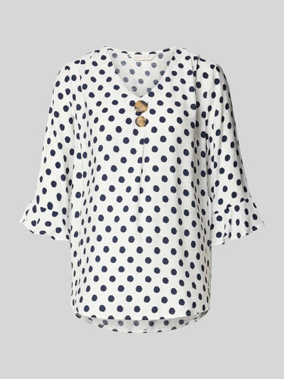 Produktfoto, Blusenshirt mit Viskose-Anteil von Apricot, weiß mit dunkelblauen Punkten, gerade Form, V-Ausschnitt, Zierknöpfe, 3/4-Arm, glatte Textur