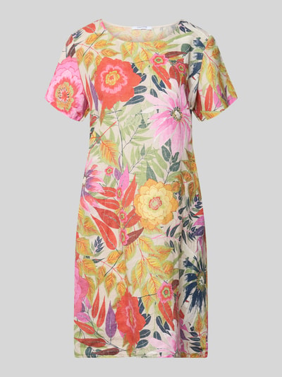 Produktfoto, knielang dames jurk 'Knielanges Kleid aus Leinen-Mix Modell 'La44ra' von ZABAIONE, mix van katoen en linnen, recht model, all-over look, ronde hals, ruglengte maat S 94 cm, borstwijdte maat S 48 cm, mouwlengte maat S 20 cm, veelkleurige bloemenprint met groene bladeren, lichte en zachte textuur